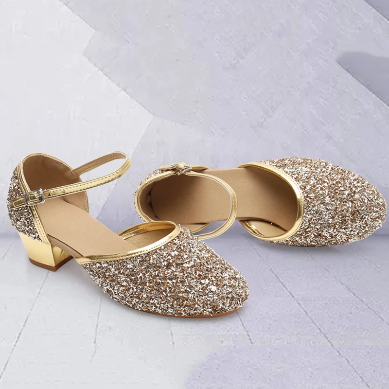 2023 New Summer Girls Party Shoes Princess Sandals Sequined Cloth Leather Glitter Buckle Strap Block Heel Kids Gift Shoes