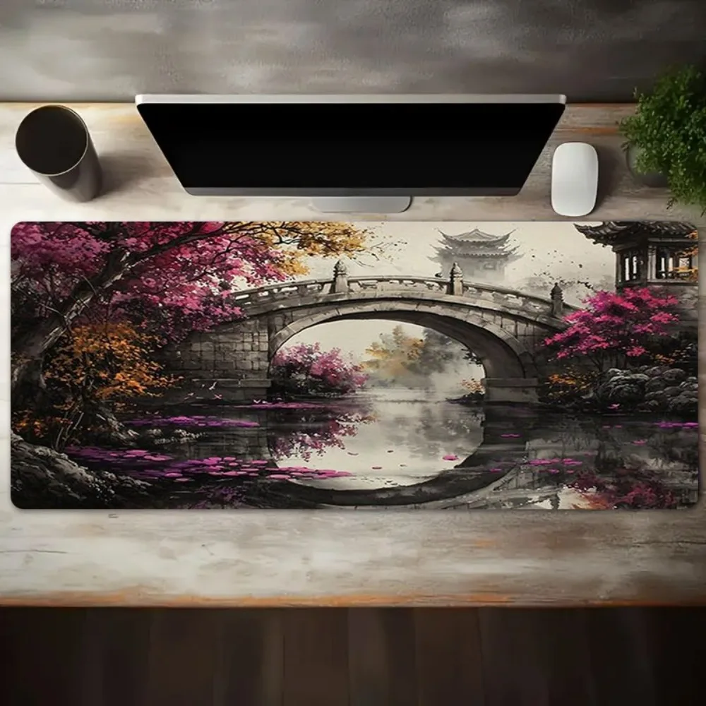 Large Fantasy Arch Bridge Desk Mat, Japanese Ink Style Extended Mouse Pad, Non-Slip Cherry Blossom Gaming Decor