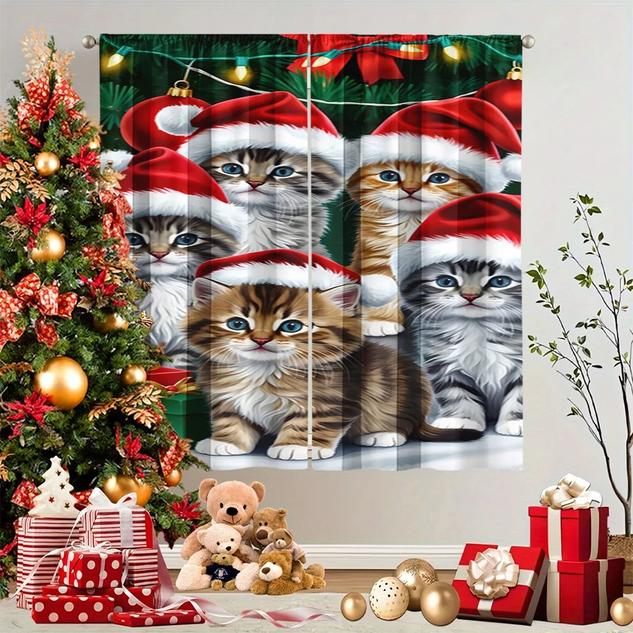 2PCS Christmas Winter Curtains, Five Kitten Santa Hat Light String Green, Digital Print, Bedroom Living Room, Home Decor