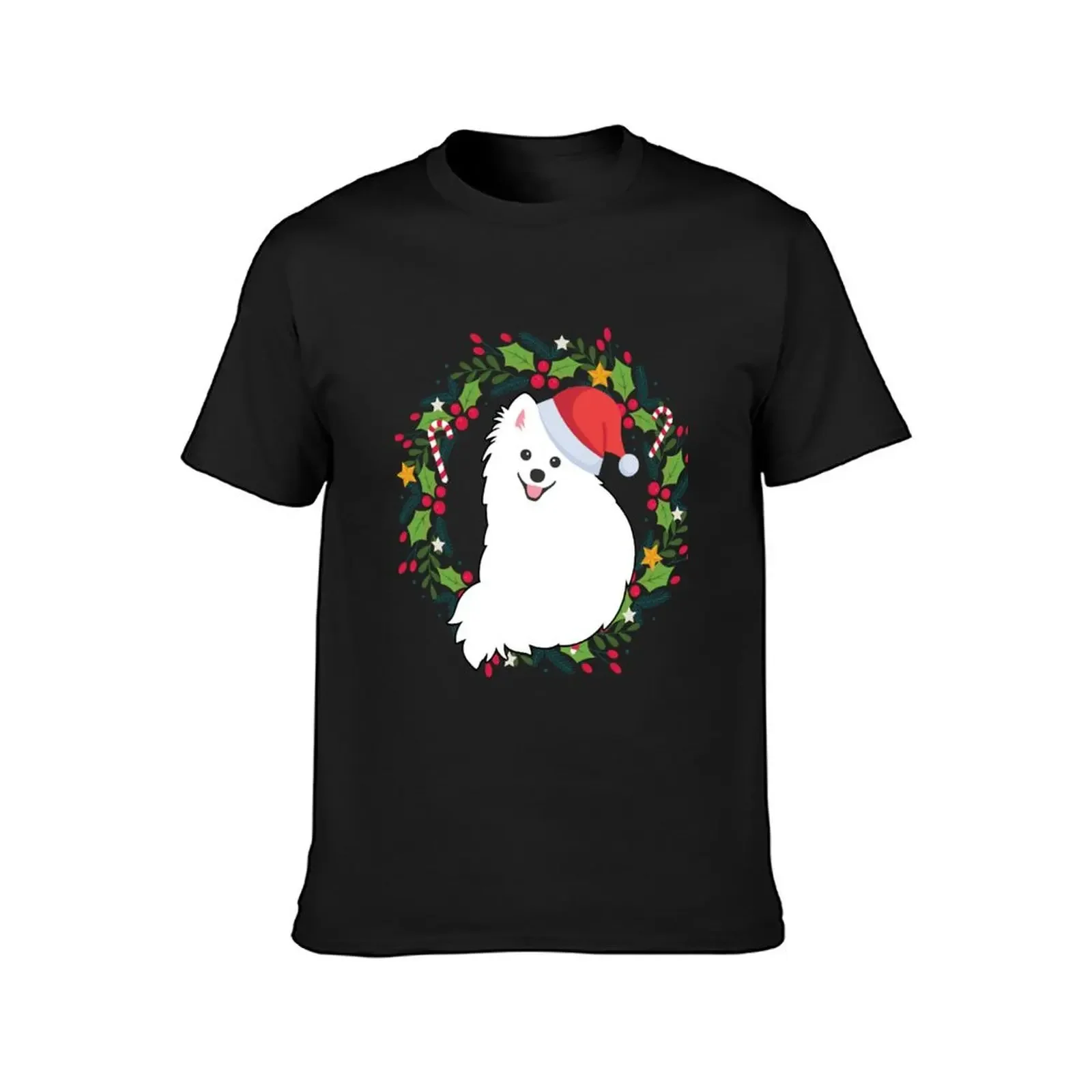 Japanese Spitz Dog Santa in Christmas Wreath - Black T-Shirt designer shirts tees sublime t shirt men