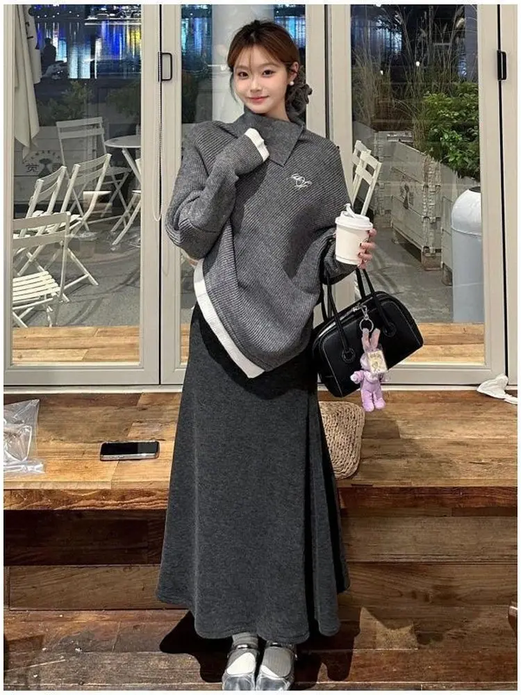 

Асимметричный трикотаж с высоким воротником, осенне-зимний свободный комплект шерстяной юбки в тон, модная повседневная одежда