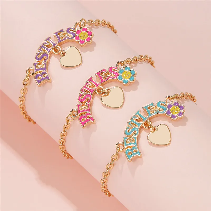 3Pcs/Set Sweet DIY Adjustable Golden Bracelets For Chidren Girls Sister Heart Fashion Accessories Gifts Jewelry