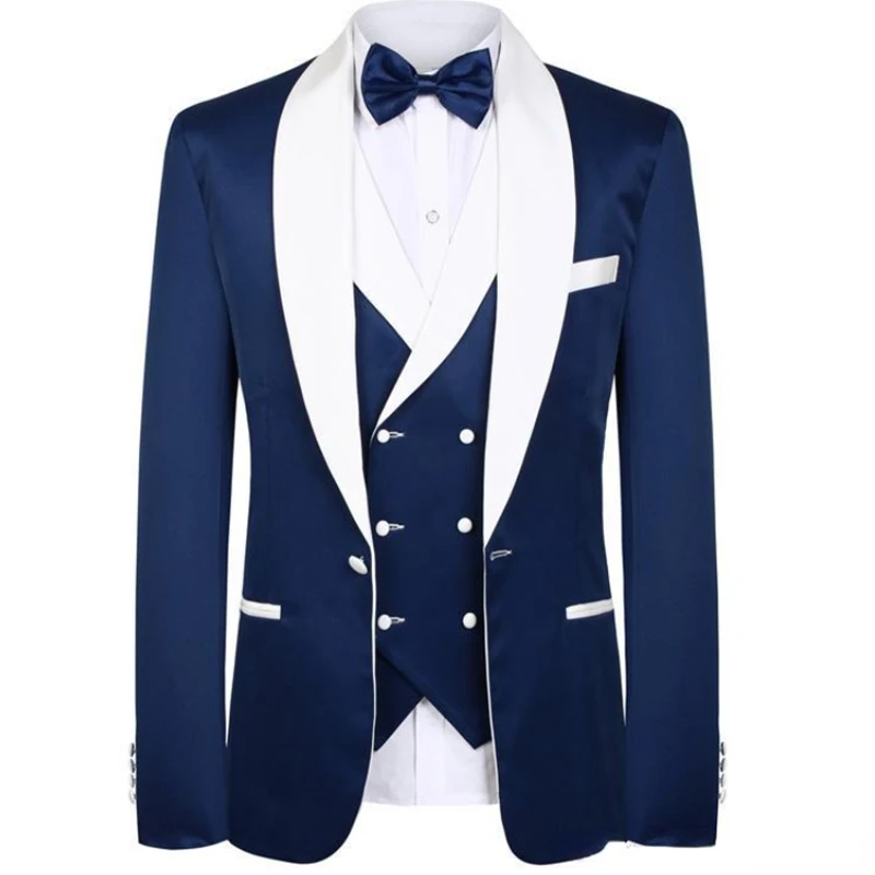 Latest Navy Blue Men's Suit 2024 Groom Tuxedos Peak Lapel Best Man Suits Mens Wedding Suits 3 Pieces (Jacket+Pants+Vest)