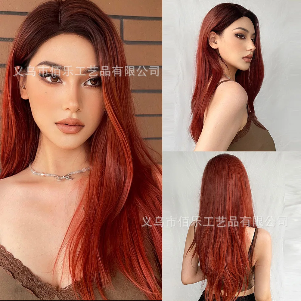 New hot-selling red gradual change medium length straight hair, matte high temperature silk
