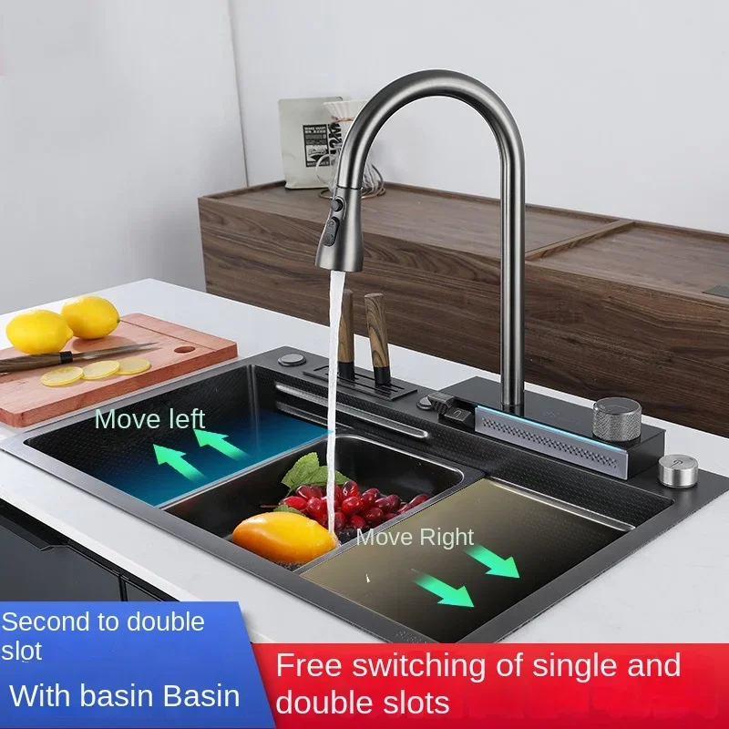 304 Stainless Steel Kitchen Sink Nano Atmosphere Light Digital Display Knife Holder Feiyu Waterfall Faucet Large Single Slot