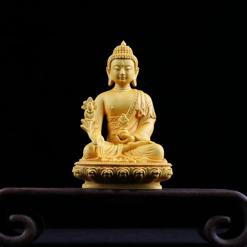 Boxwood 14CM Bhaisajya Vaidurya Prabharaja Buddha Statue Gifts Wood Figures Statues Home Decor Collection