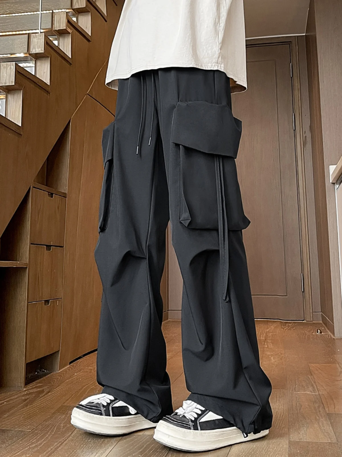 

Мужские широкие брюки из ледяного шелка, летние тонкие брюки со складками, свободные прямые брюки больших размеров, повседневные длинные брюки из смесового полиэстера