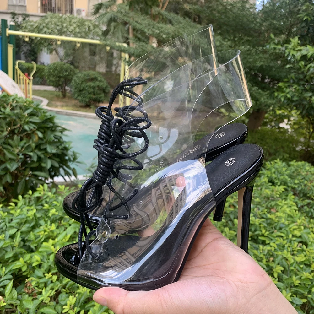 Transparent Sandals Boots Super High Heels Sexy 11CM Gladiator Fetish Party Model Show Nightclub Shoes For Women Plus Size 46