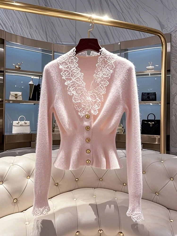 

Розовый вязаный кардиган с V-образным вырезом и кружевом, женский зимний свитер с короткими рукавами, топ для поездок на работу, длинный трикотаж све