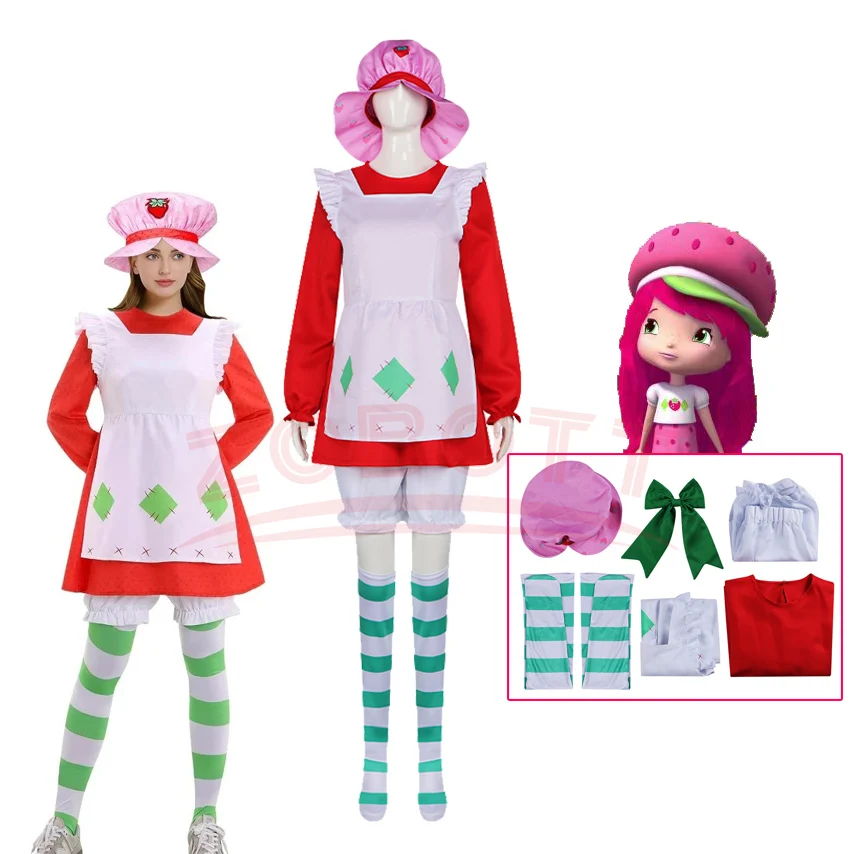 Erdbeer-Shortcake-Cosplay-Kostüm 1980, klassischer Anzug für Damen, The World of Strawberry Shortcake, Halloween-Kostüm