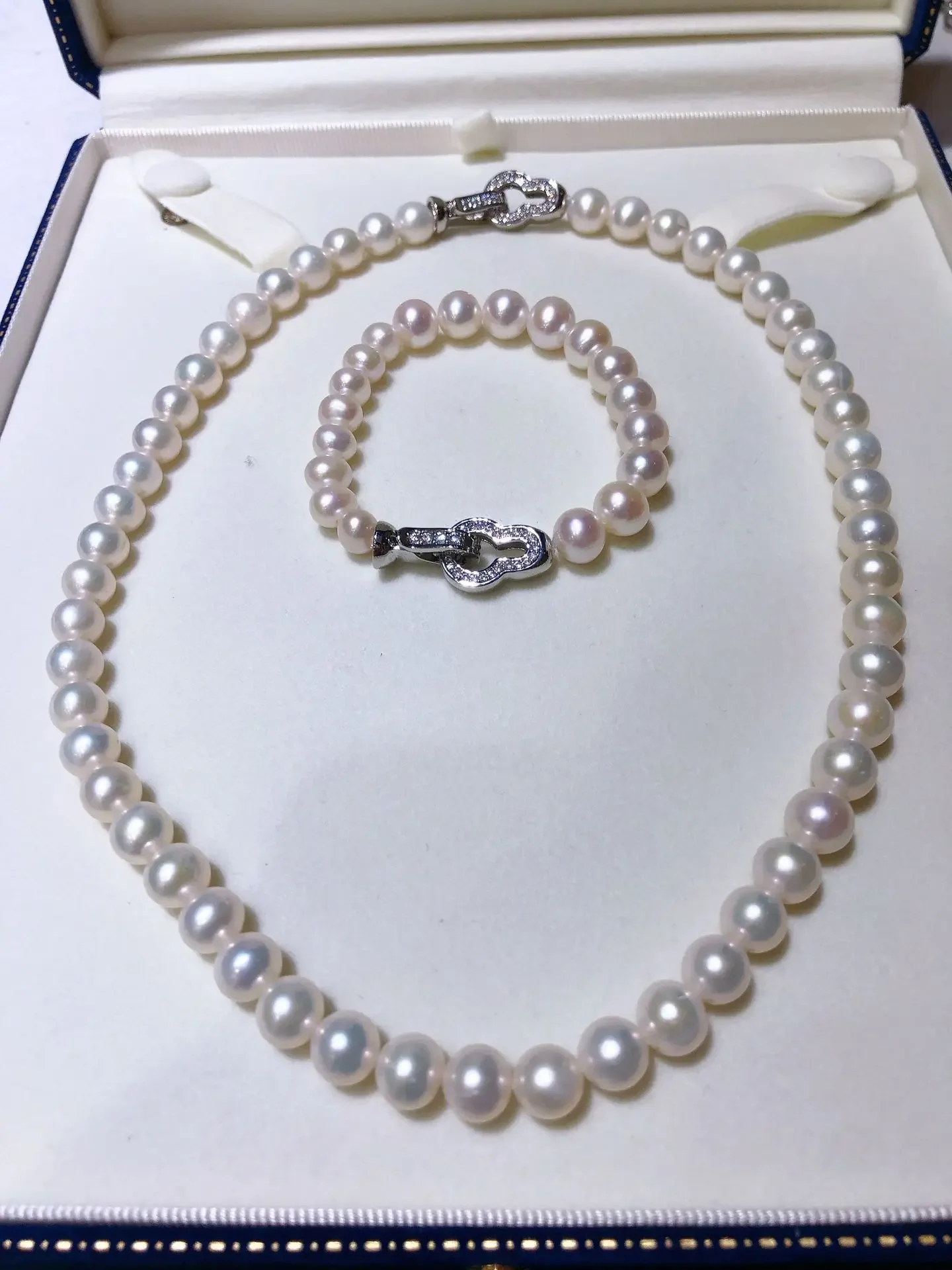 Fashion necklace AAAA8-9mm Japanese natural pearl necklace 18 inch+7.5-8 inch bracelet set 925s
