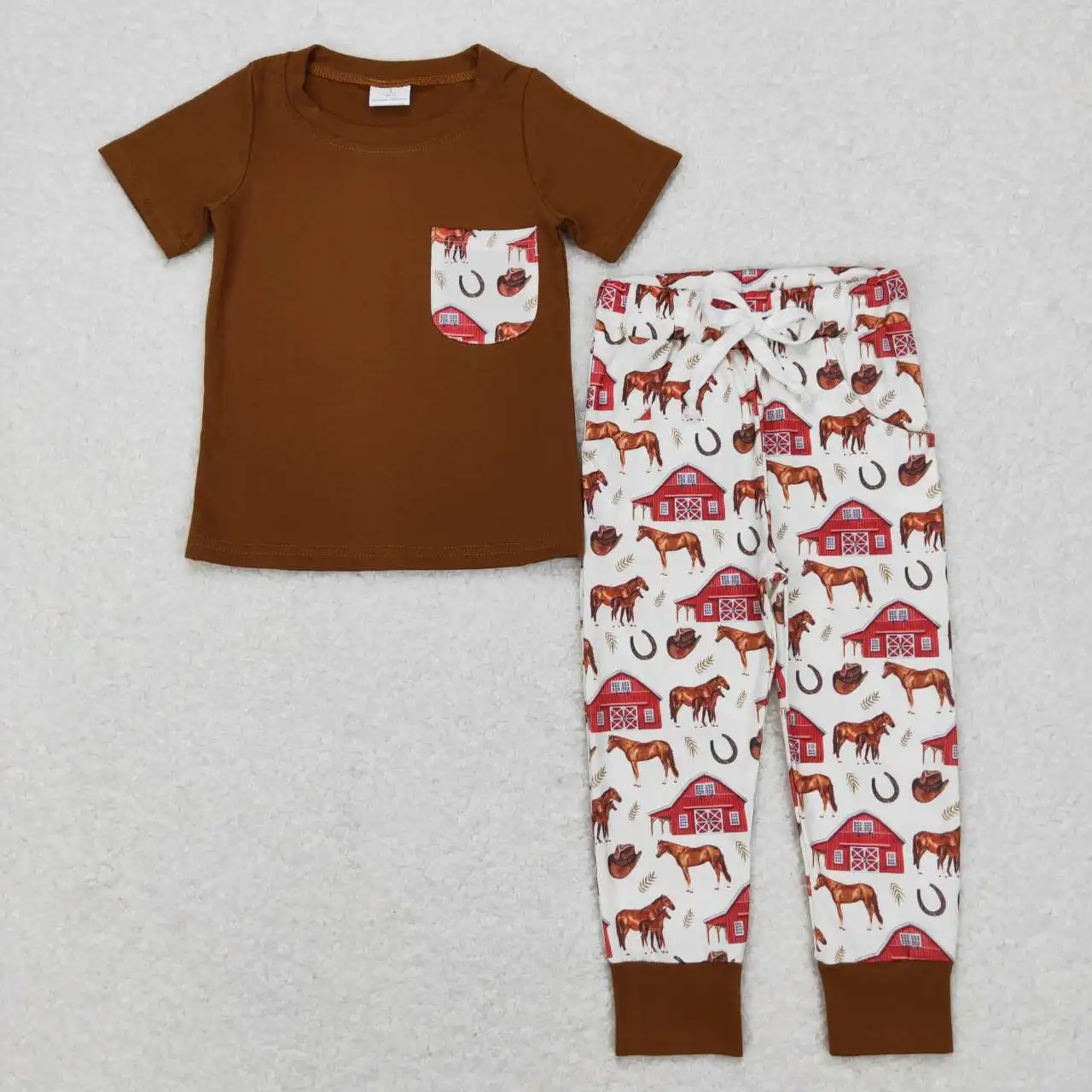 

Wholesale hot sale Baby Boys Clothes Children's Clothing Farm Red House horse pocket Brown short sleeve beige pantsuit