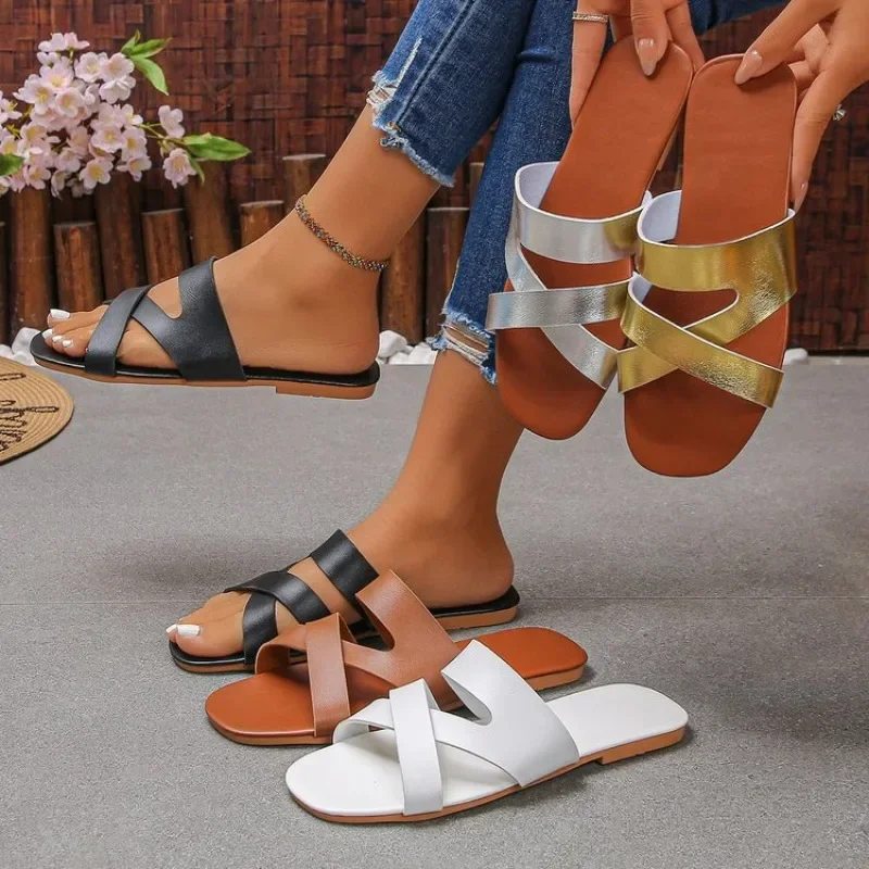 Women Hollow Cut Cross Strap Flat Slide Mules PU Open Toe Backless Slippers Anti Slip Soft Sole Summer Beach Casual Big Sizes