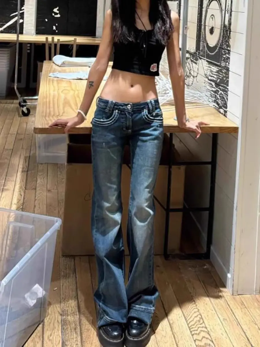 

Осень 202, женские винтажные расклешенные джинсы High Street с низкой посадкой, расклешенные брюки-клеш Y2k Goblin Core, узкие джинсовые брюки в стиле Харадзюку, уличная одежда