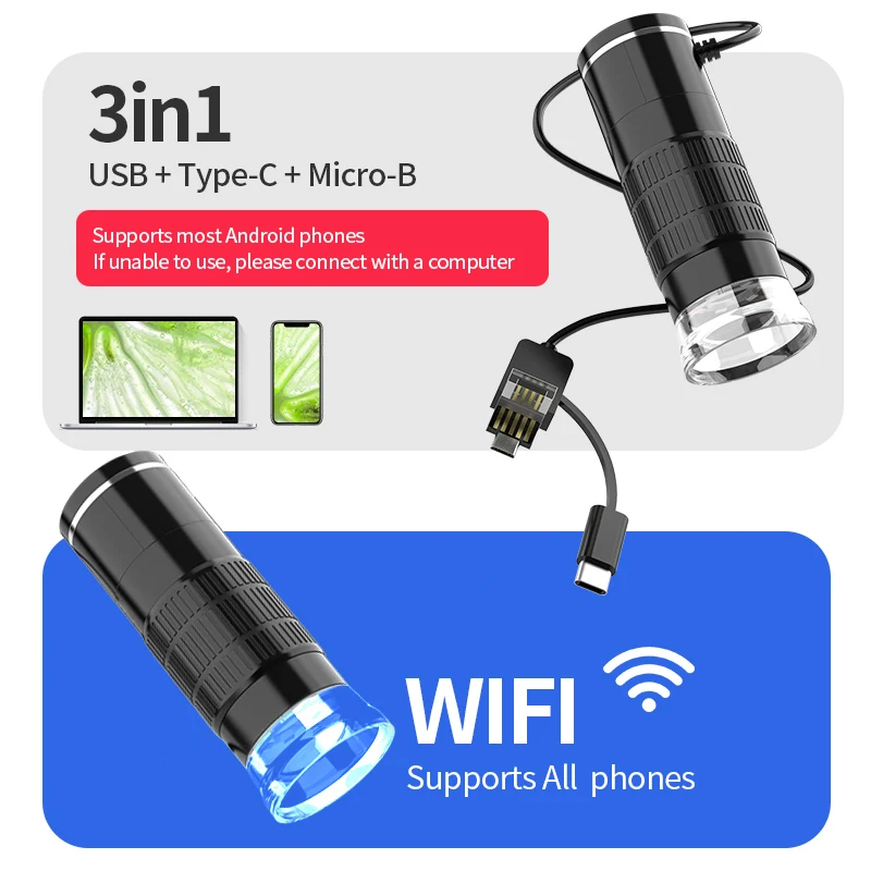 Bezprzewodowy mikroskop cyfrowy Powiększenie 50X-1000X Przenośne ręczne mikroskopy USB z elastyczną podstawką do iPhone\'a PC z systemem Android