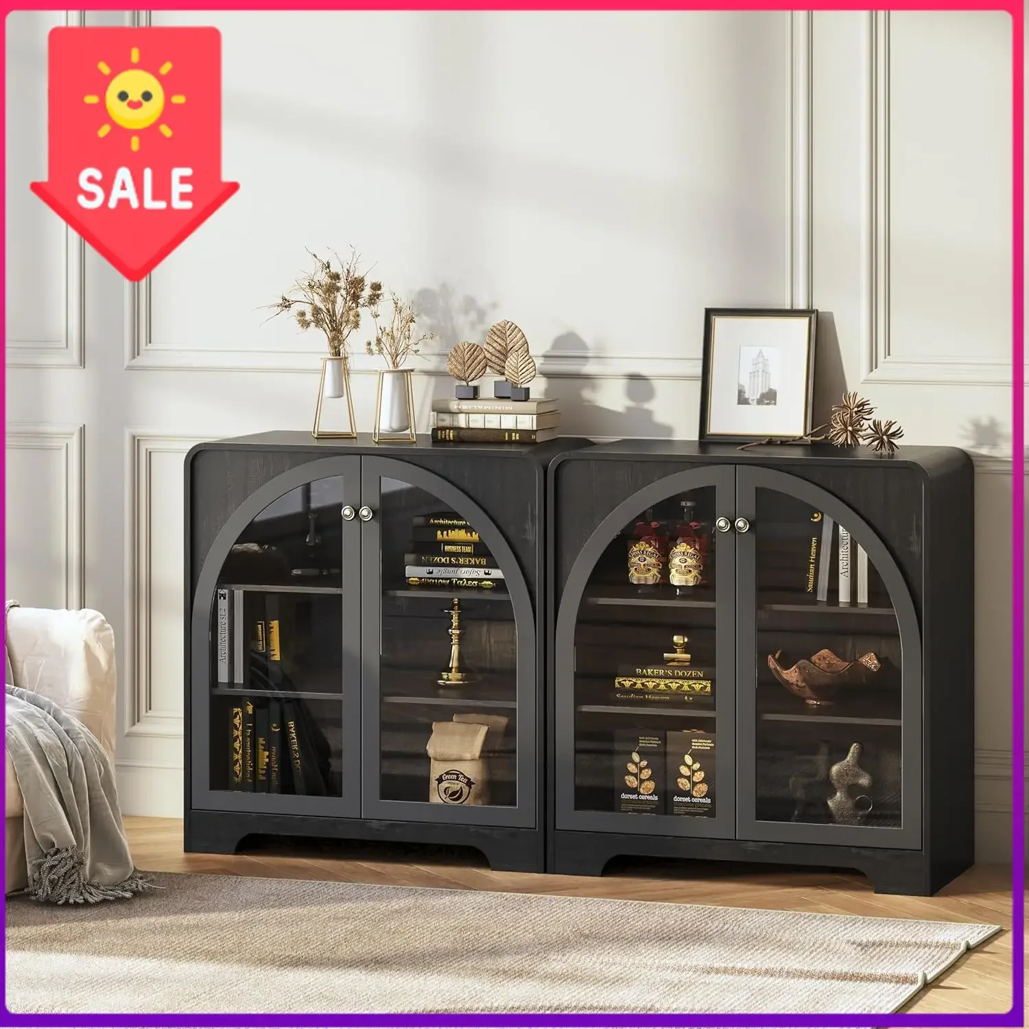 Sideboard Buffet Cabinet with Storage, Arched Glass Doors and Adjustable Shelves, Modern Credenza Accent Coffee Bar Console Tabl