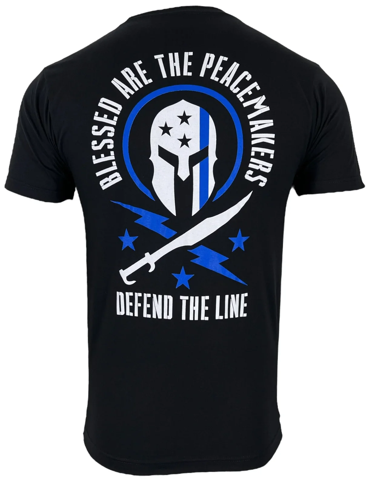 Blessed Are The Peacemakers | Blue Line Spartan Helmet Grunt T-Shirt 100% Cotton O-Neck Short Sleeve Summer Casual Mens T-shirt view 2
