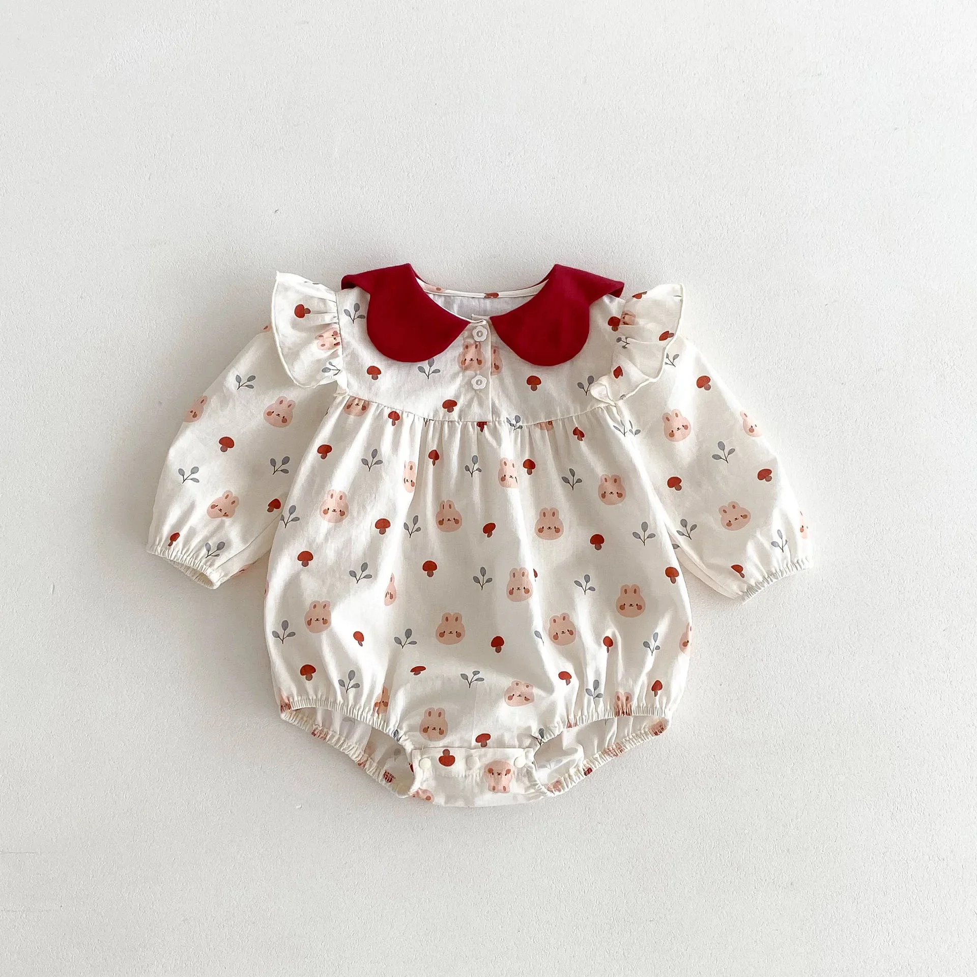 

New Autumn Baby Girls Clothes 0-24M Infant Cute Bunny Floral Print Bodysuit Toddler Peter Pan Collar Jumpsuit Girls Outwear