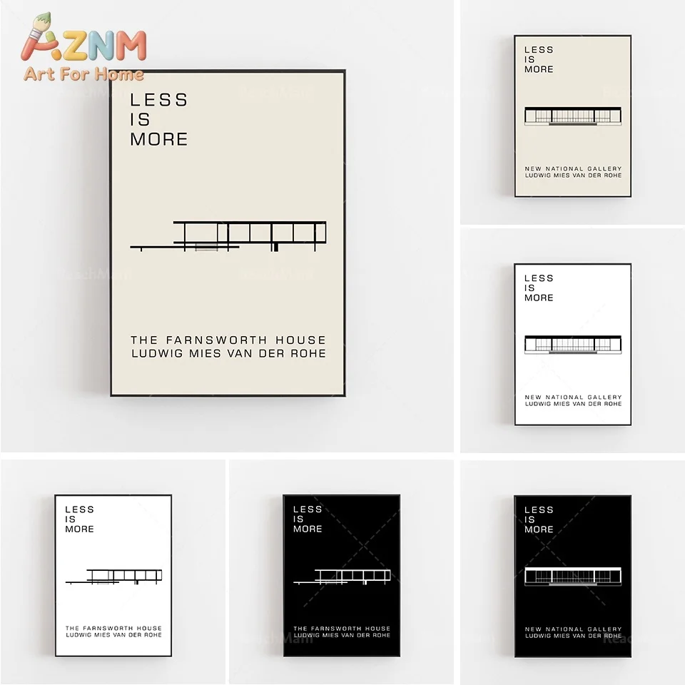 AZNM Minimal Bauhaus Architecture Canvas Wall Art Less Is More Farnsworth House Line Drawing Neutral Modern Office Decor Unframe