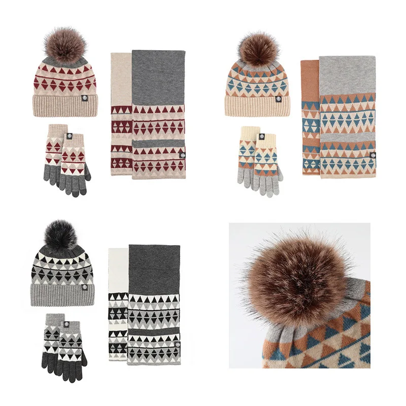 Women Winter Knit Hat Scarf Gloves 3Pcs Set Wool Blend Pom Pom Beanie Geometric Pattern Warm Neck Warmer Touchscreen Gloves
