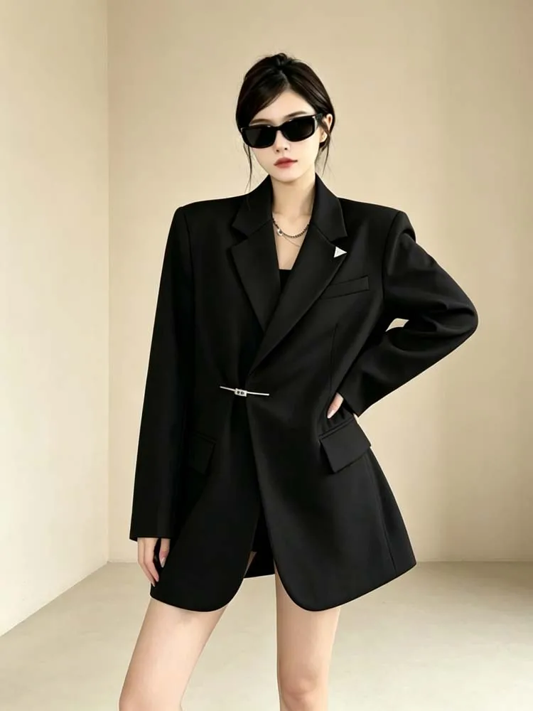 Elegant Design blazer Women's Black Spring autumn High street Notched collar jacket loose 2026 Stylish coat INKEO 6O017