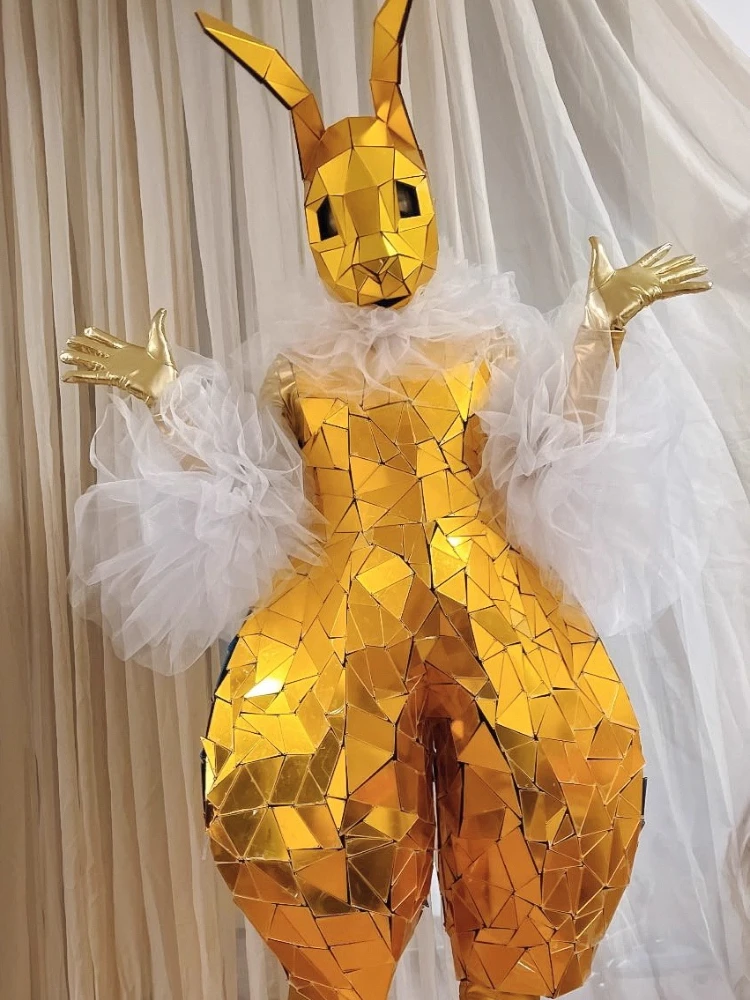 

Mirror Gold Women Rabbit Custome Hand-Sewn Headgear Sliver Lace Animal Costumes for Former Show Parades Halloween Cosplay Suit