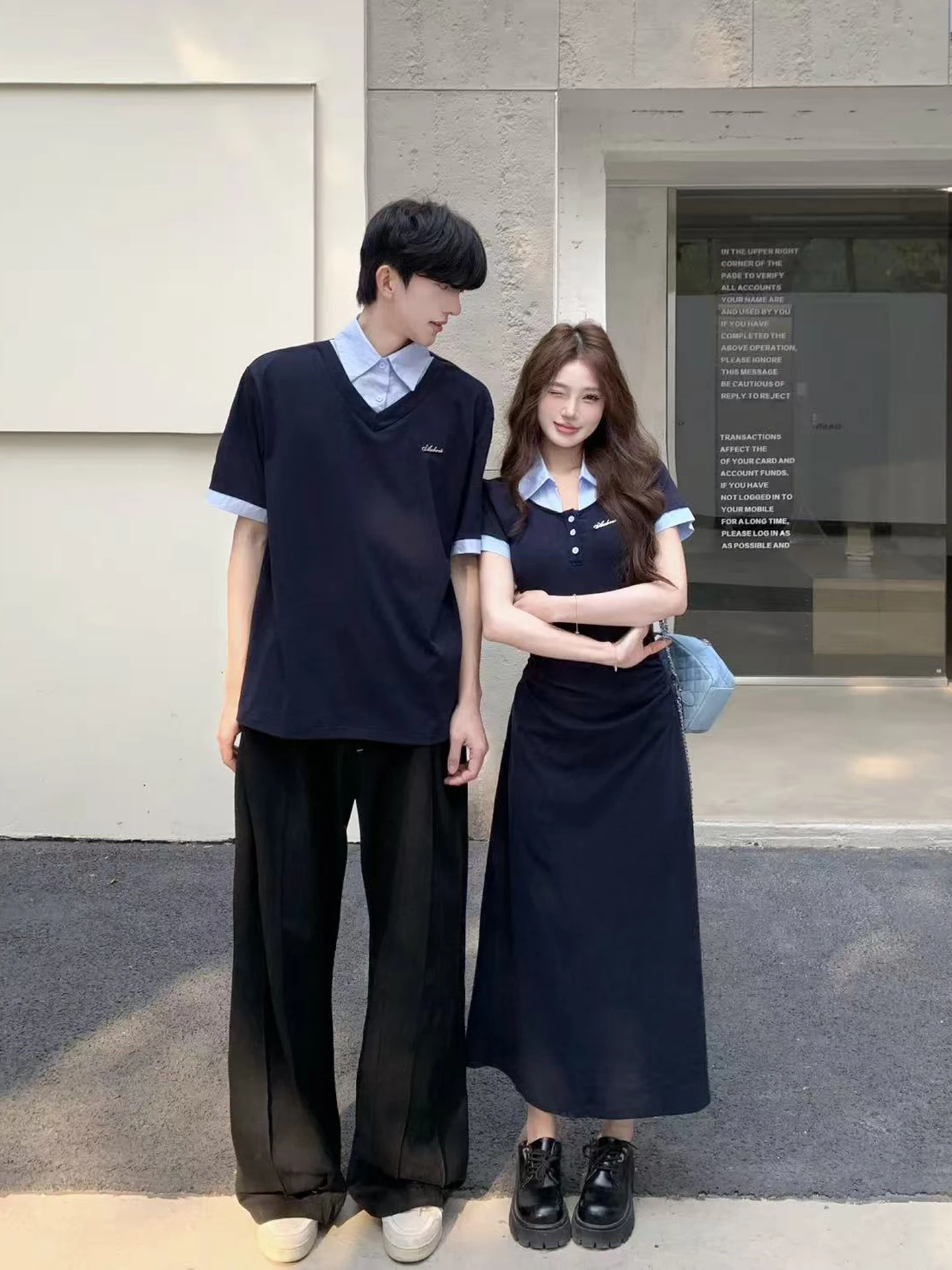 American Retro Couple Matching Short Sleeve T-Shirt Slimming Waist Dress Skirt Set Summer Fashionable Youth Universal Fit Sta...