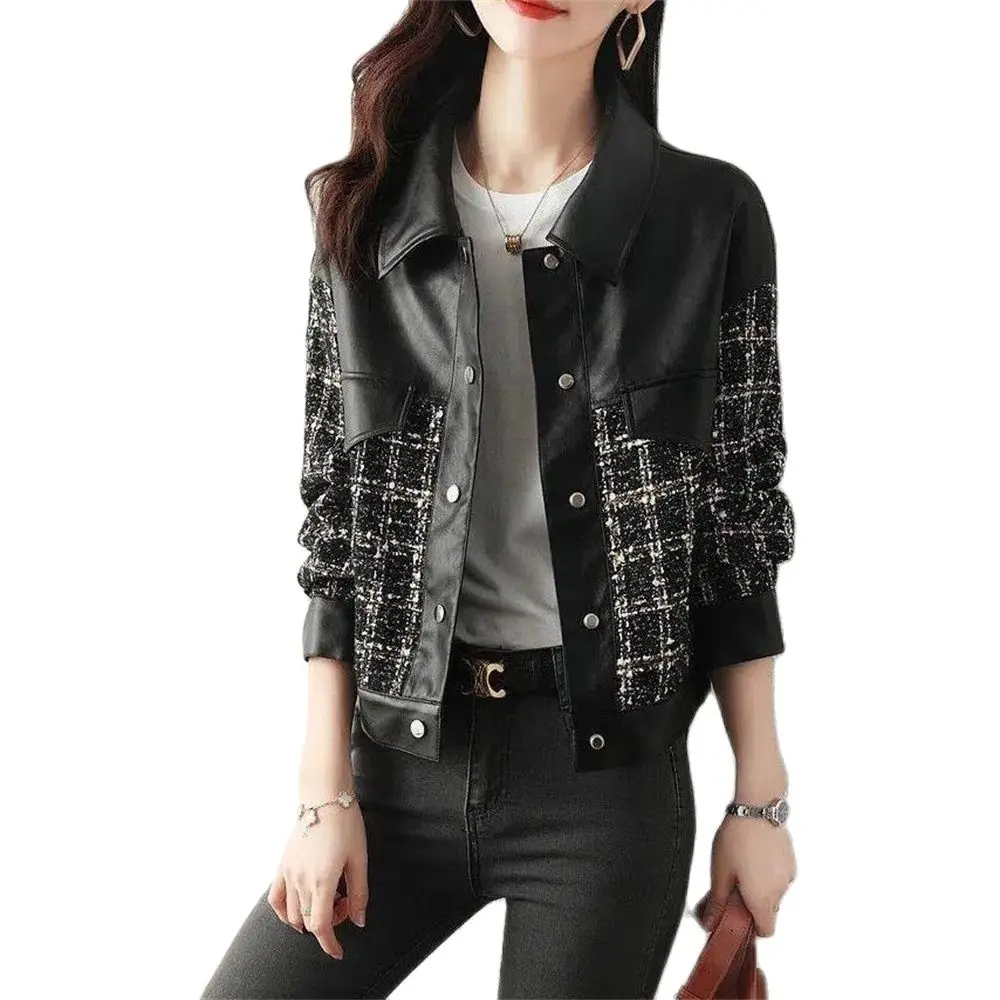 Female Stitching Pu Leather Jacket Motorcycle Coat Autumn Women Spring Tops Single-Breasted Lapel Outerwear