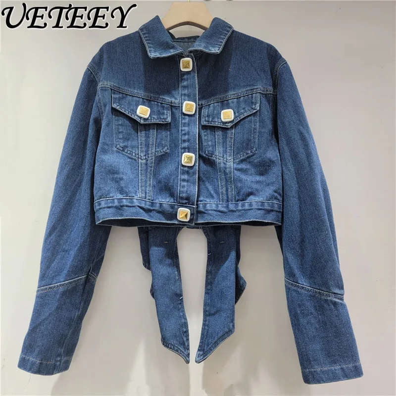 

2025 Spring New Casual Versatile Long Sleeve Jean Jacket Women's Design Back Bow Single-breasted Versatile Denim Short Coat