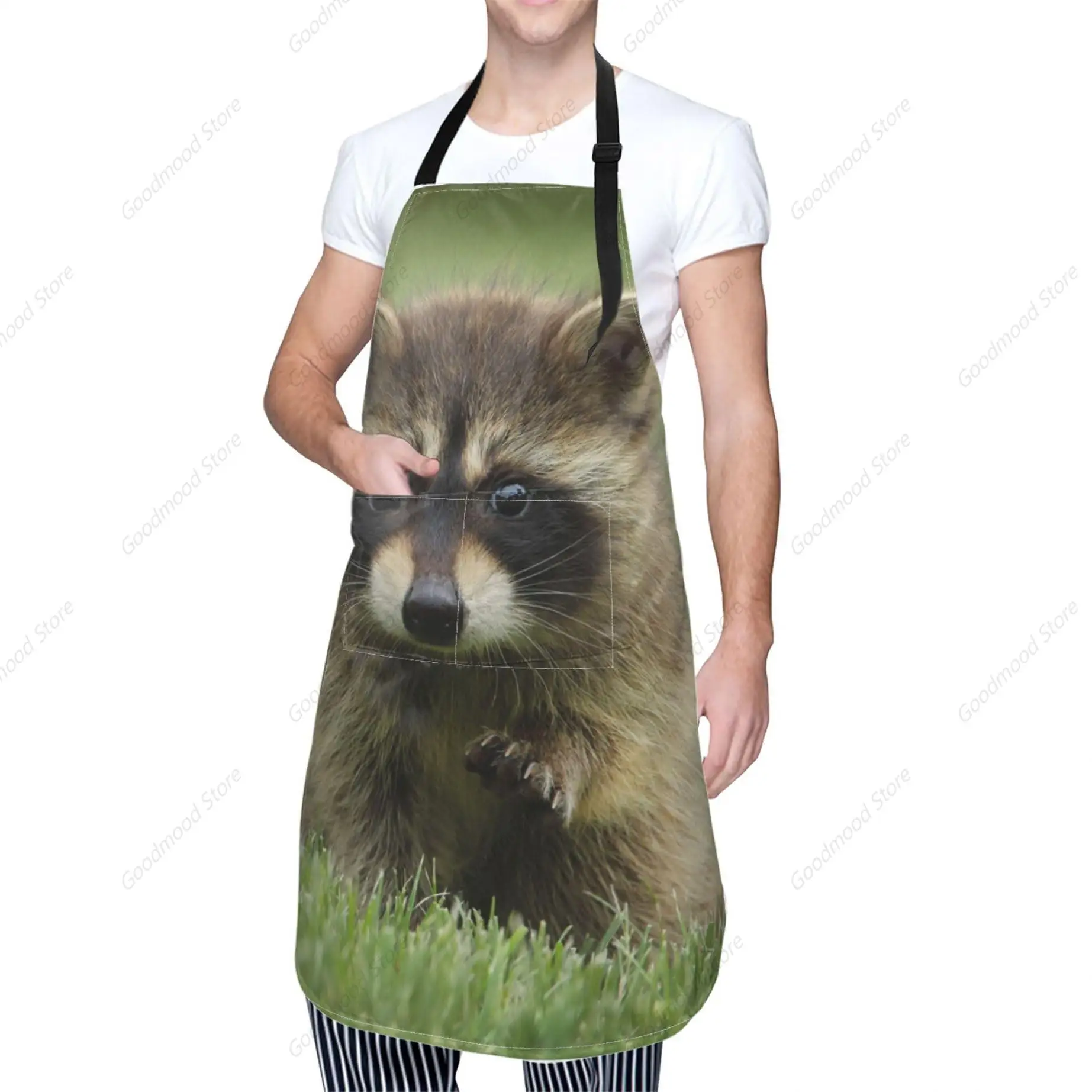 Raccoon Cooking Apron For Women Men With Pockets,Grass Cute Animal Green Oxford Cloth Kitchen Apron With Adjustable Neck