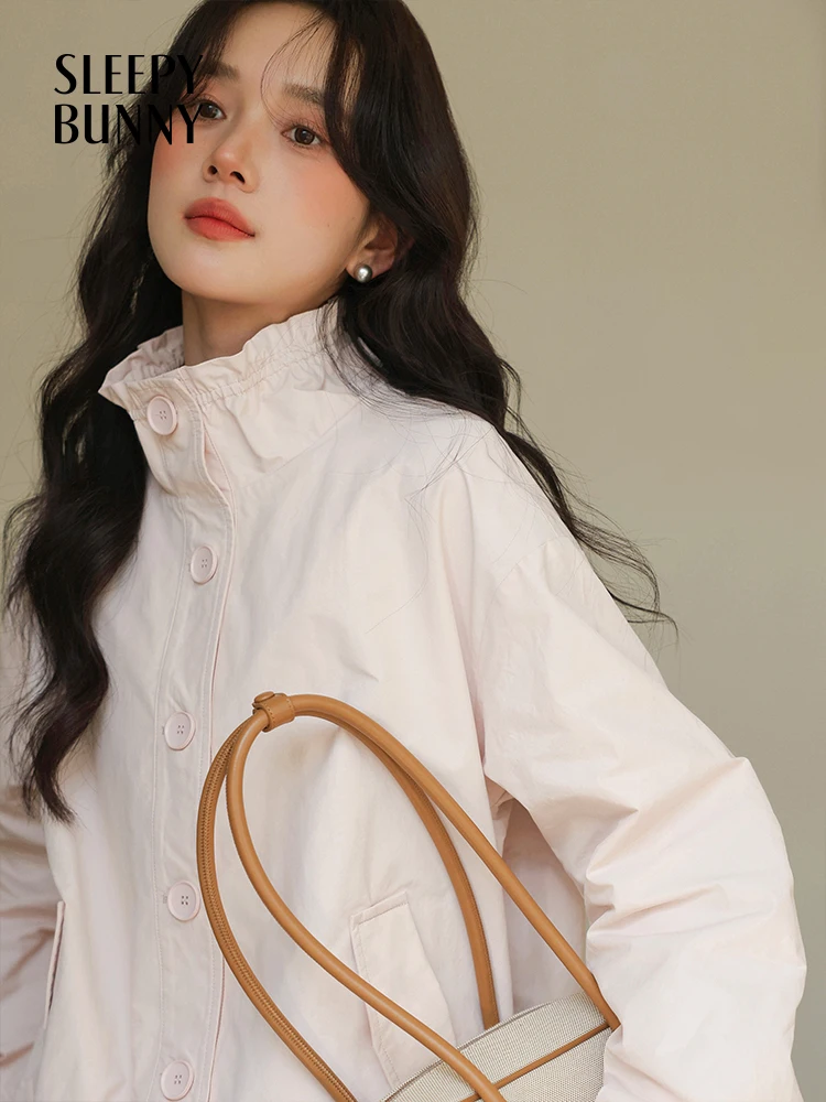 Ruffle Collar Loose Fit Jacket Women Spring Casual Utility Coat Buttons Lightweight Korean Oversized Workwear Outerwear Daily