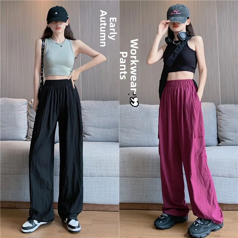 بنطلون عمل نسائي سريع الجفاف ورفيع، بنطلون صيفي واسع الساقين ذو قصة مستقيمة فضفاضة، بنطلون طويل غير رسمي بنمط جبلي.