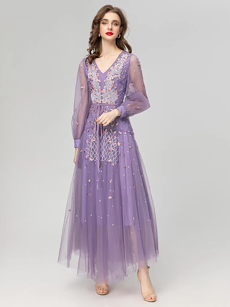 

Sexy Spring Luxury Ladies High Quality Fashion Party Purple Embroidery Casual Mesh Pretty Asymmetric Classic Super Maxi Dress