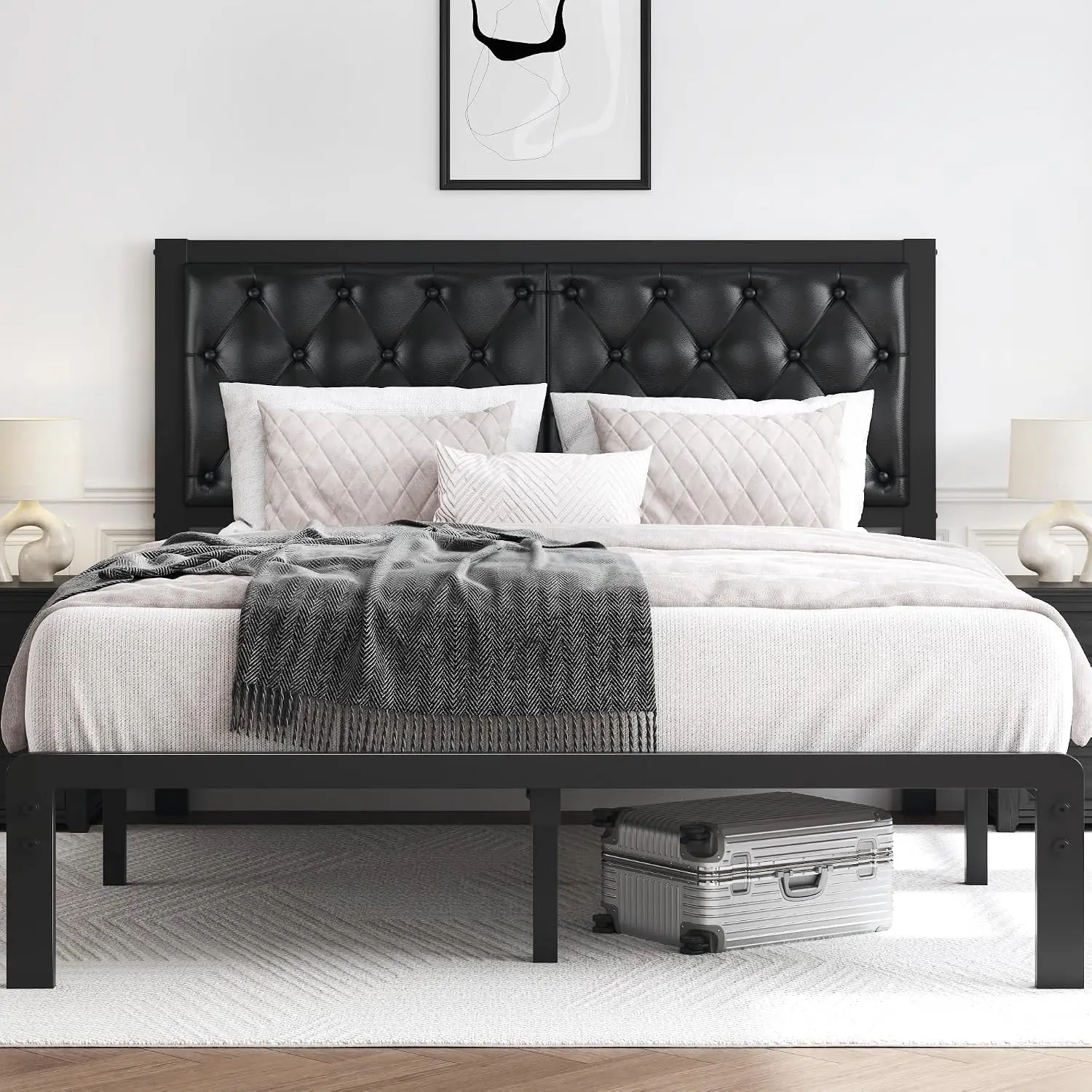 Queen Size Upholstered Metal Platform Bed Frame, Button Tufted Leather Headboard, Heavy Duty Mattress Foundation, Under Bed Storage Space, Noise Free Structure, Black