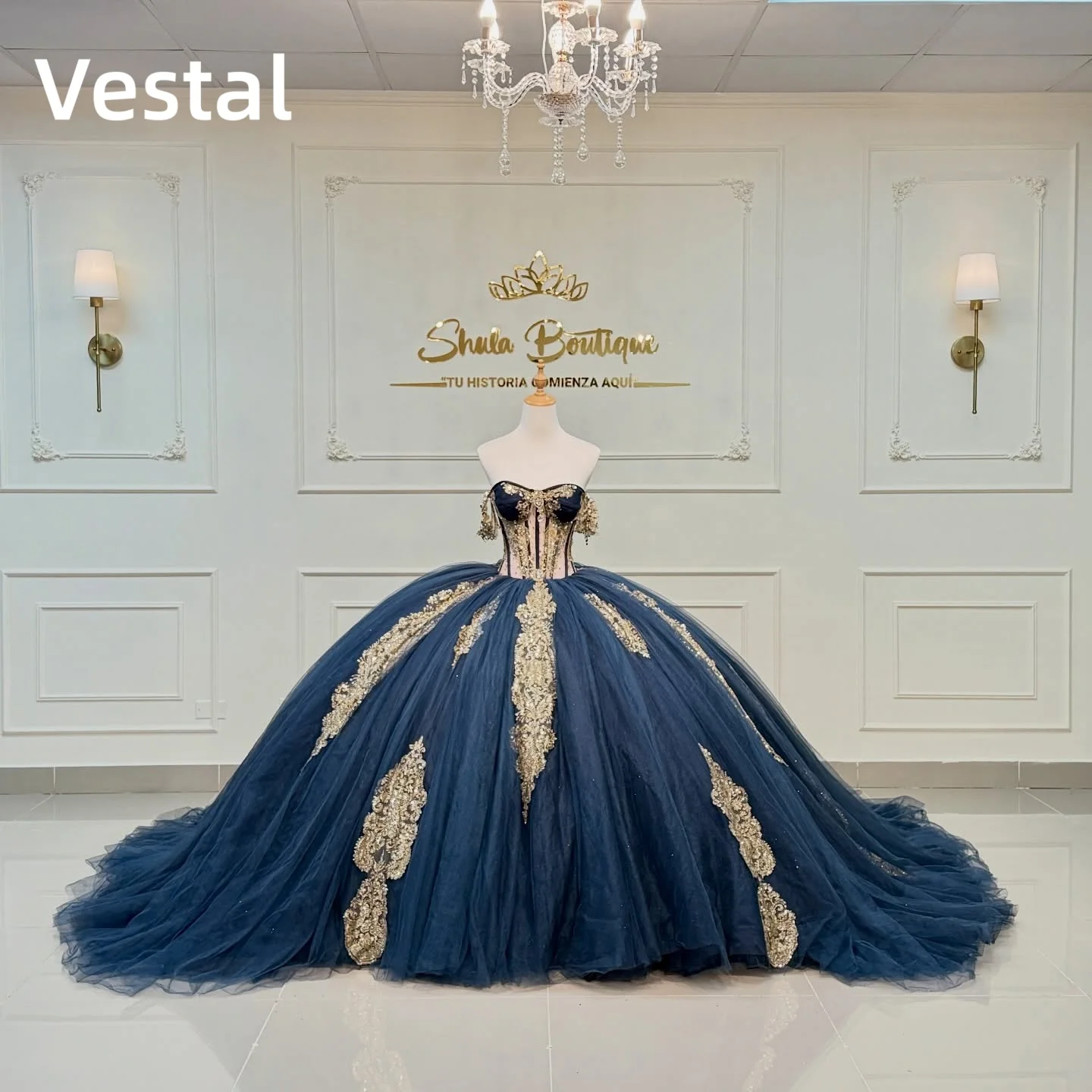 

Navy Blue Quinceanera Dress Gold Appliques With Cape Off Shoulder Ball Gown Sweet 16 Dress Customized