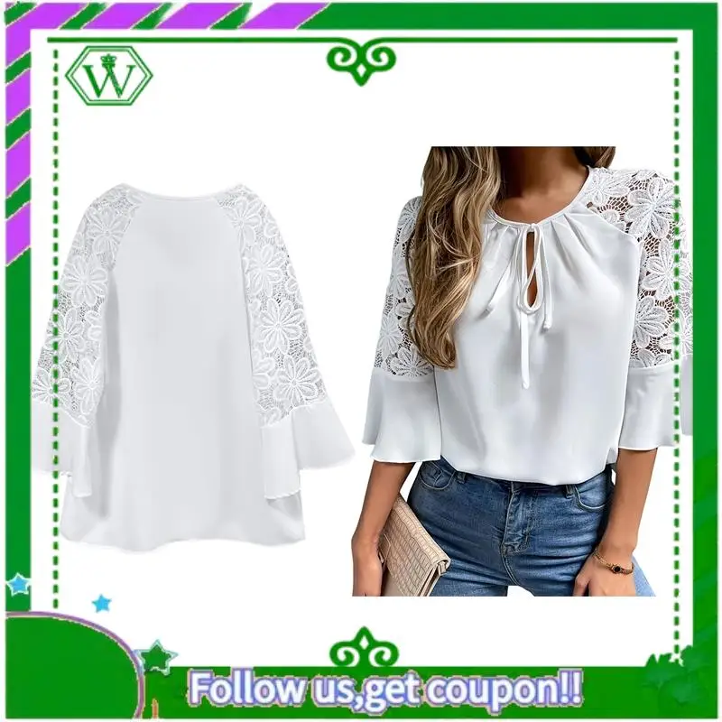 

A18P-Womens Summer Casual 3/4 Length Sleeve Crew Neck T Shirts Hollow-Out Splice Lace Tunic Solid Color Blouse