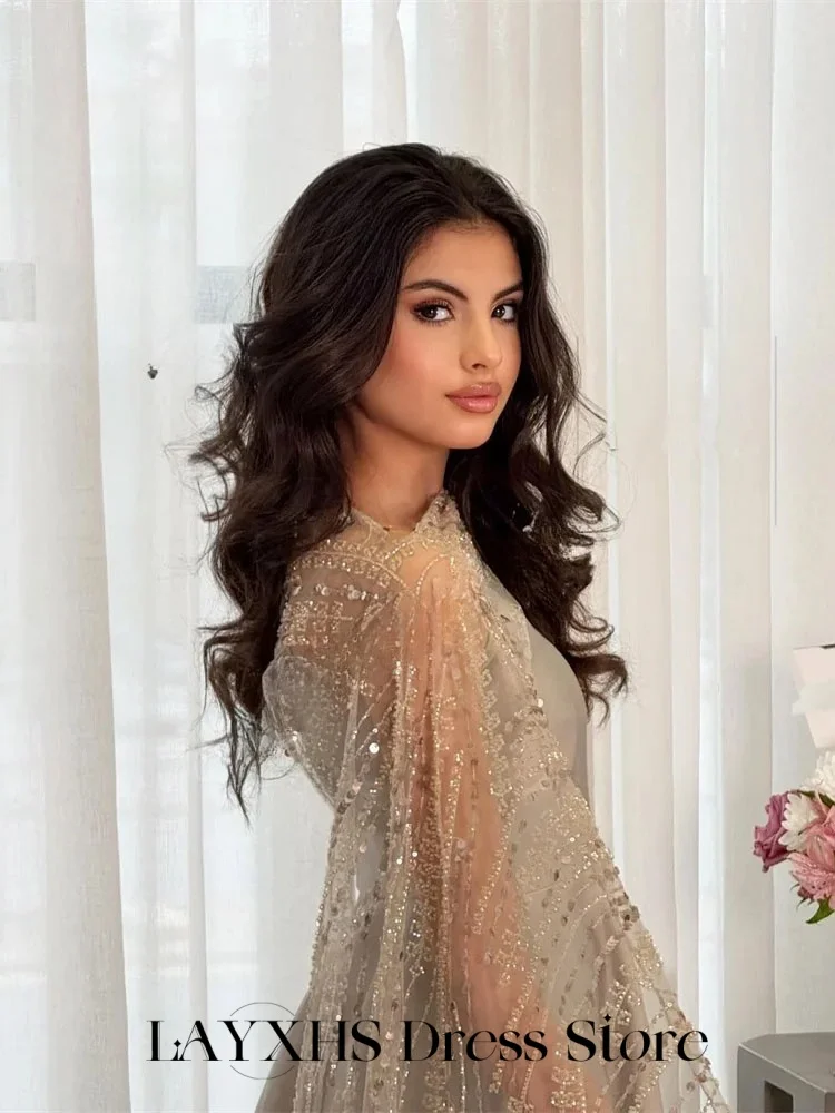 LAYXHS 絶妙なフォーマルイブニングドレス チュール ワンショルダー ケープ Aライン プリーツ アンクル丈 ドバイ プロムドレス カスタマイズされた فستان س