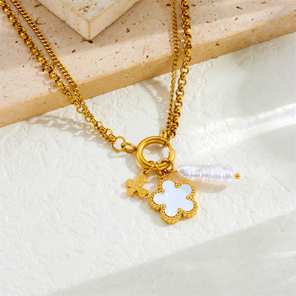 LAMENGLY 316L Stainless Steel Glamorous 5-Leaf Flower Heart Bow Starfish Pearl Shell Pendant Necklace Women Elegant Neck Chain - Image 4