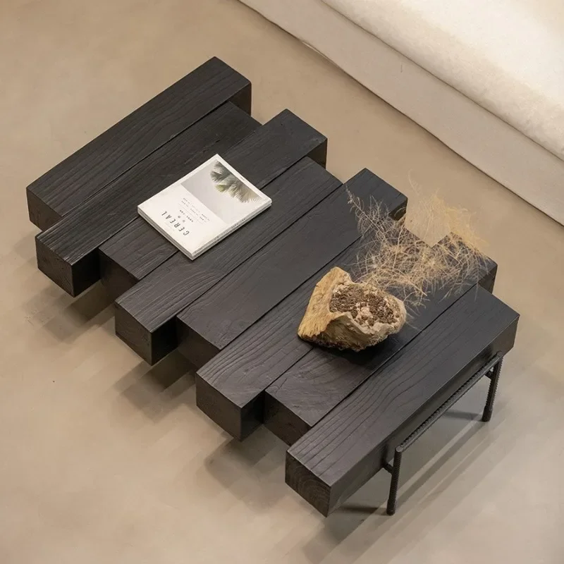 Wabi-sabi style wooden pier patchwork creative design coffee table carbonized black simple