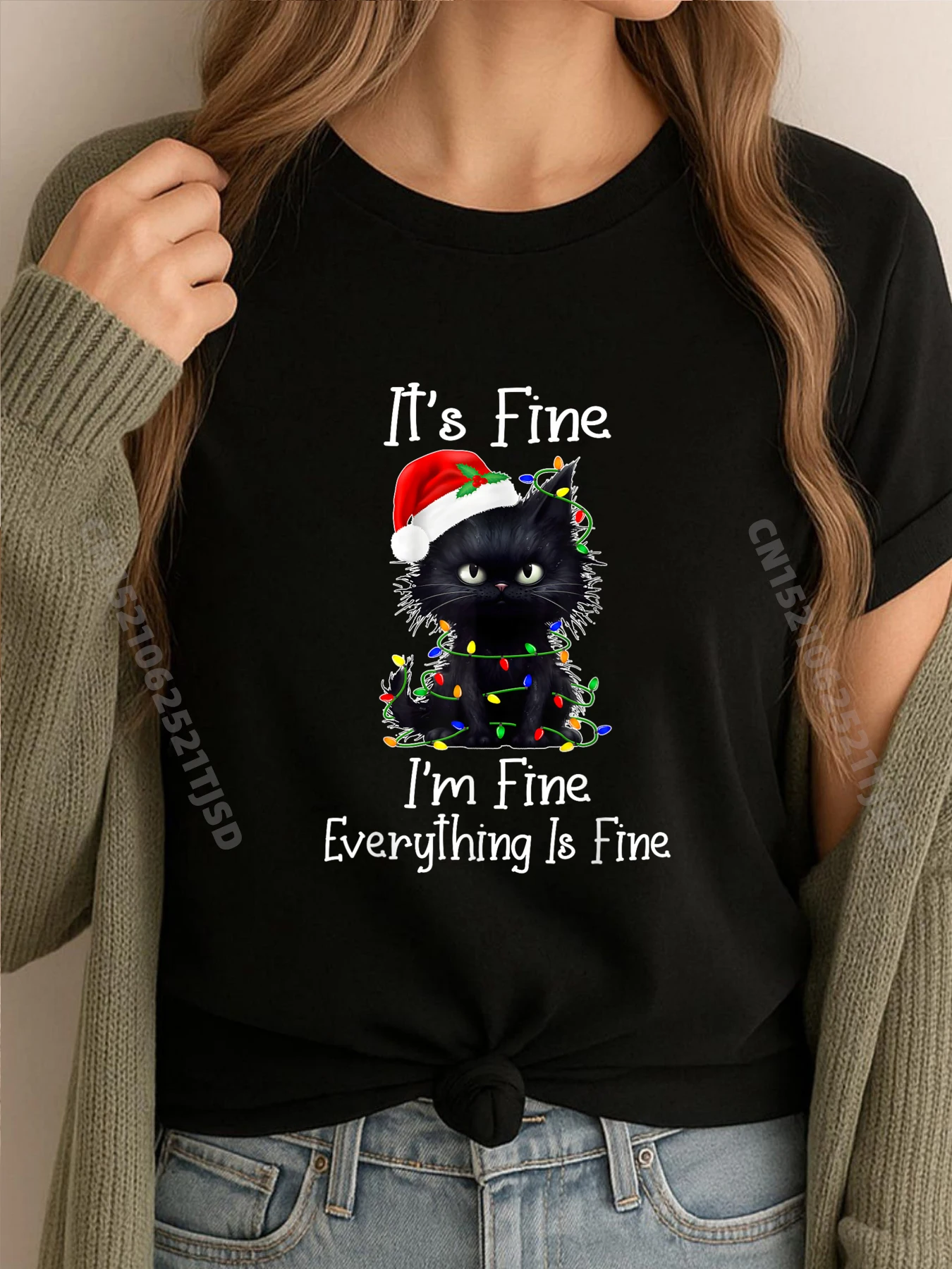 

Рождественская футболка Black Cat It Fine I M Fine Everything Is Fine с рисунком, летние новые топы и футболки с персонажем