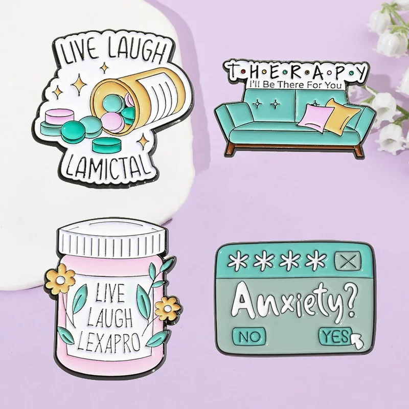 Botella de medicina médica con píldora de dibujos animados, broche esmaltado, alfileres de Metal lamictal de risa viva, insignia de salud psicológica, accesorio de ropa