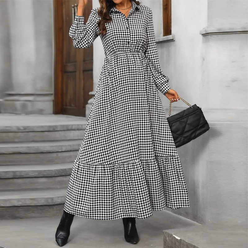 

Spring Summer plaid Lining Skirt Flip Collar Long Sleeve Pendant Dress