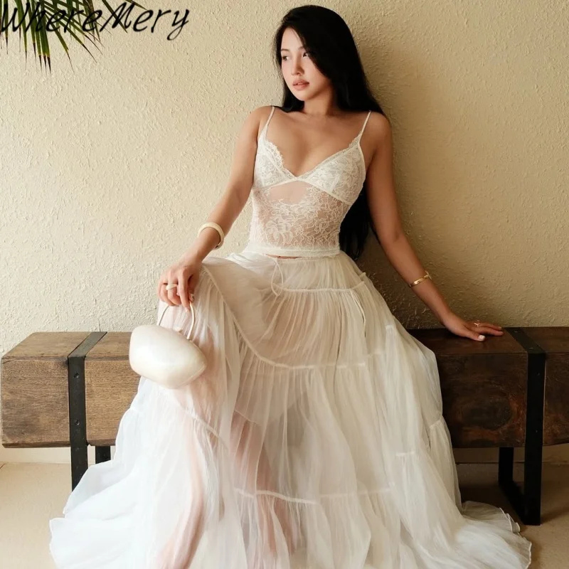 

WhereMery Elegant See Through Lace V-neck Spaghetti Strap Tops and Mesh Low Waist Maxi Skirt Party Club Summer Women 2 Piece Set