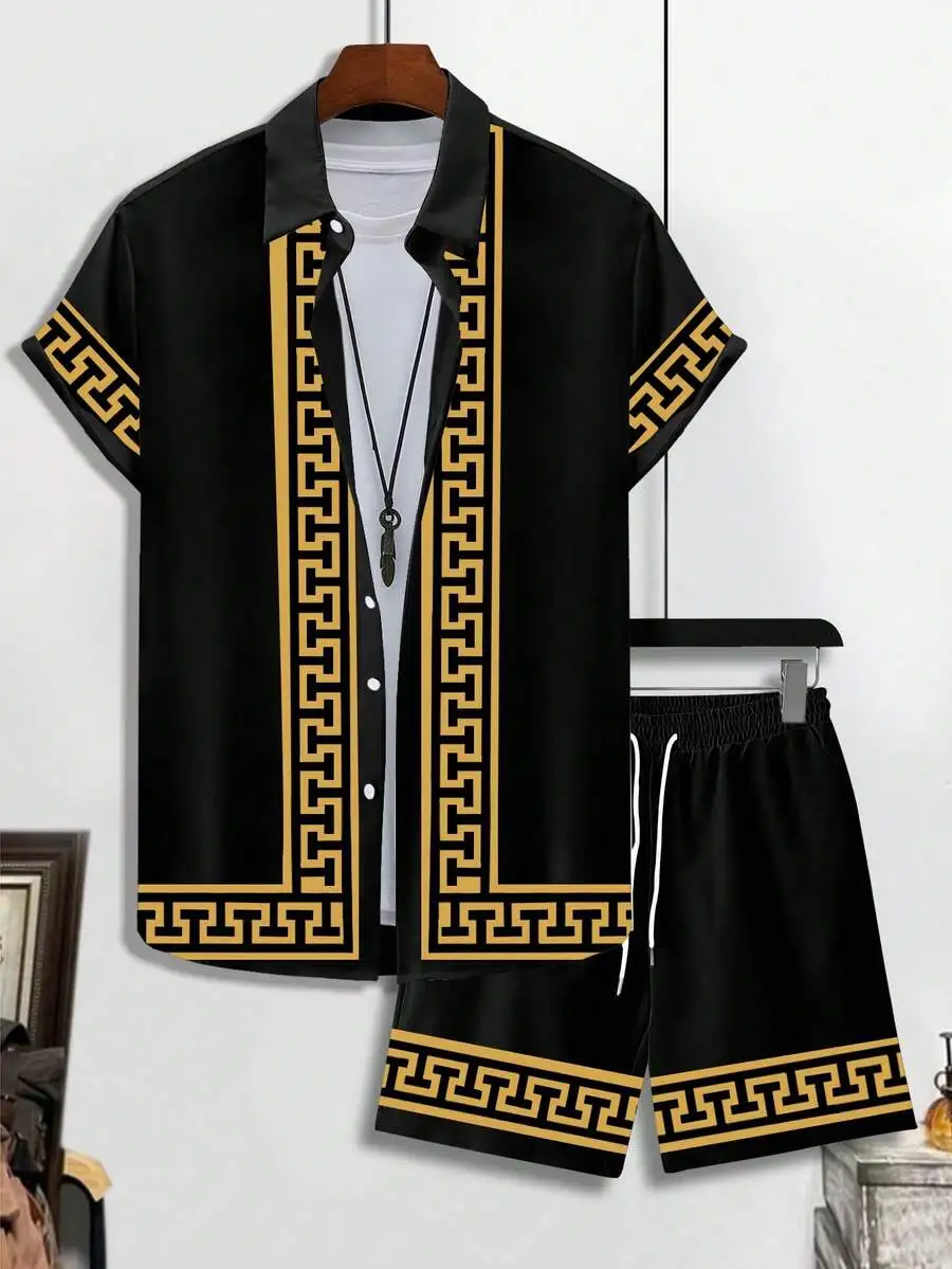 

Mens Geometric Print Button Front Short Sleeve Shirt And Shorts Casual Set
