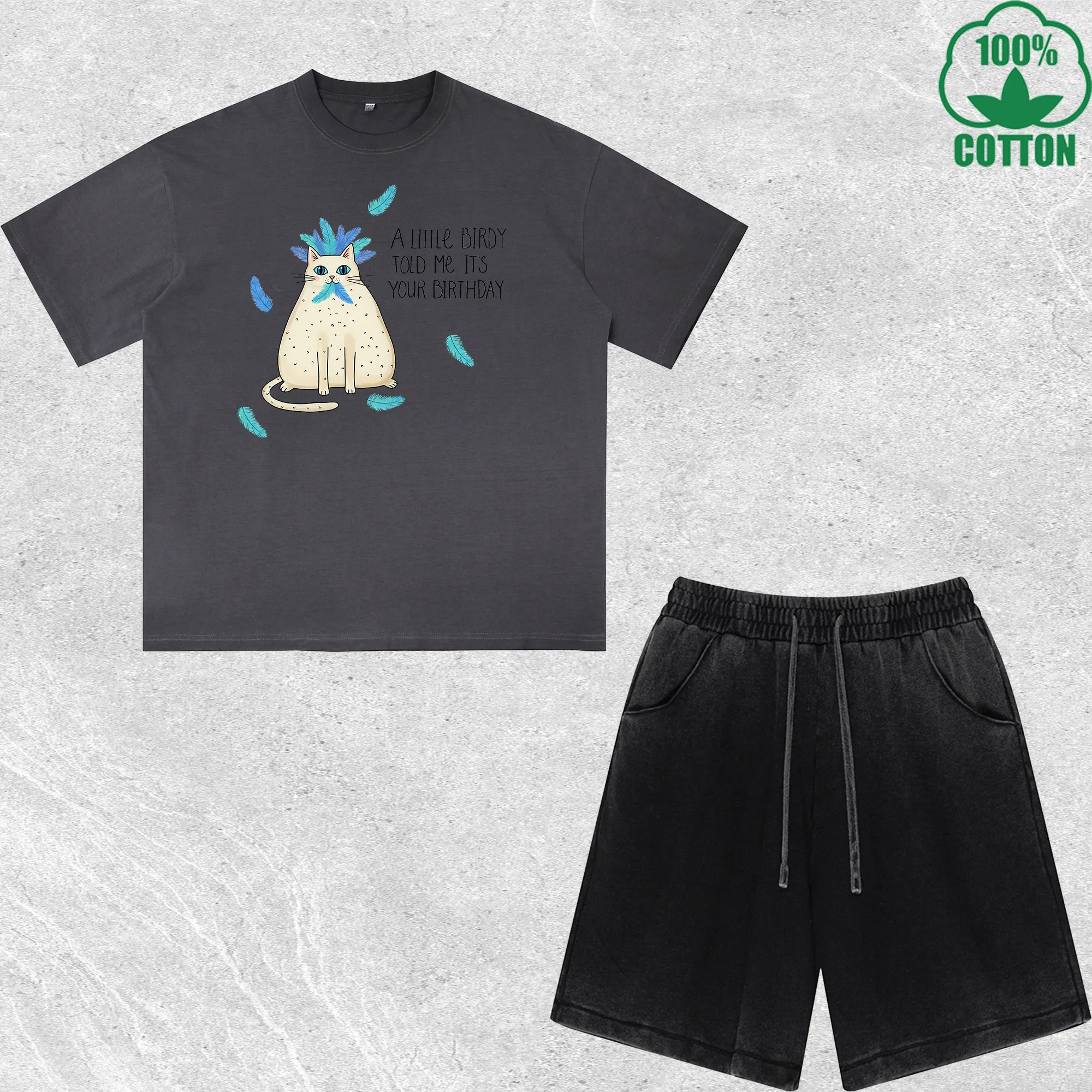 

Cute Cat Printed Dirty Wash T-Shirt Shorts Set Combo Loose Trendy Fashionable 100%Cotton Short Value Pack