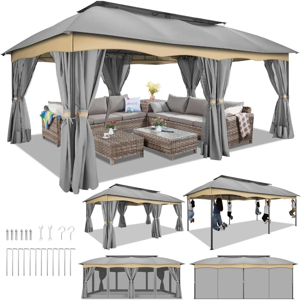 Gazebo 12x20FT, Outdoor Gazebo on Clearance with Privacy Curtains, Mosquito Netting and Double Ventilated Roof