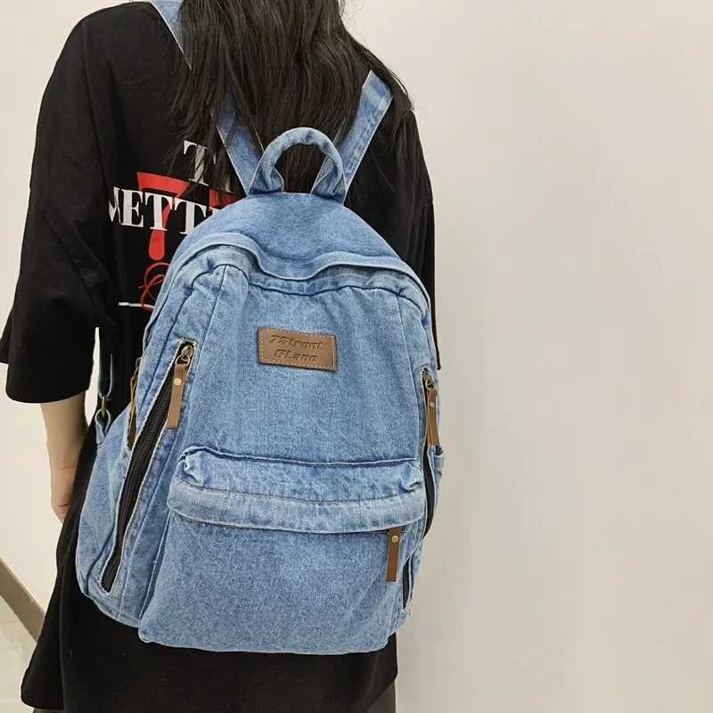 Denim Fashion Backpacks for School Trend Student Jeans Bag Multi Pockets Large Capacity Rucksack Mochila De Escola Feminina 2024