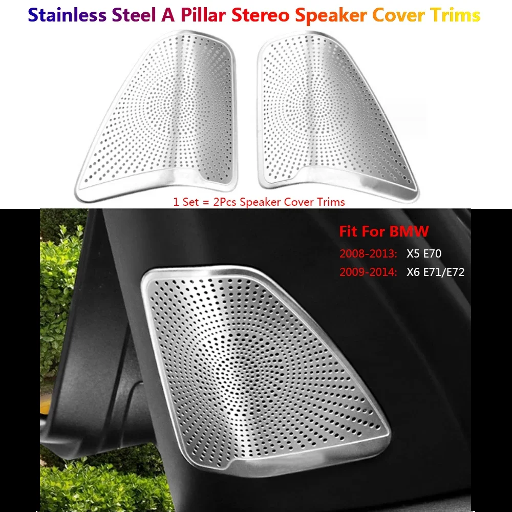 2Pcs Stainless Steel Car Dashboard A Pillar Speaker Stereo Cover Trim For BMW X5 X6 E70 E71 E72 Auto Para Interior Accessories