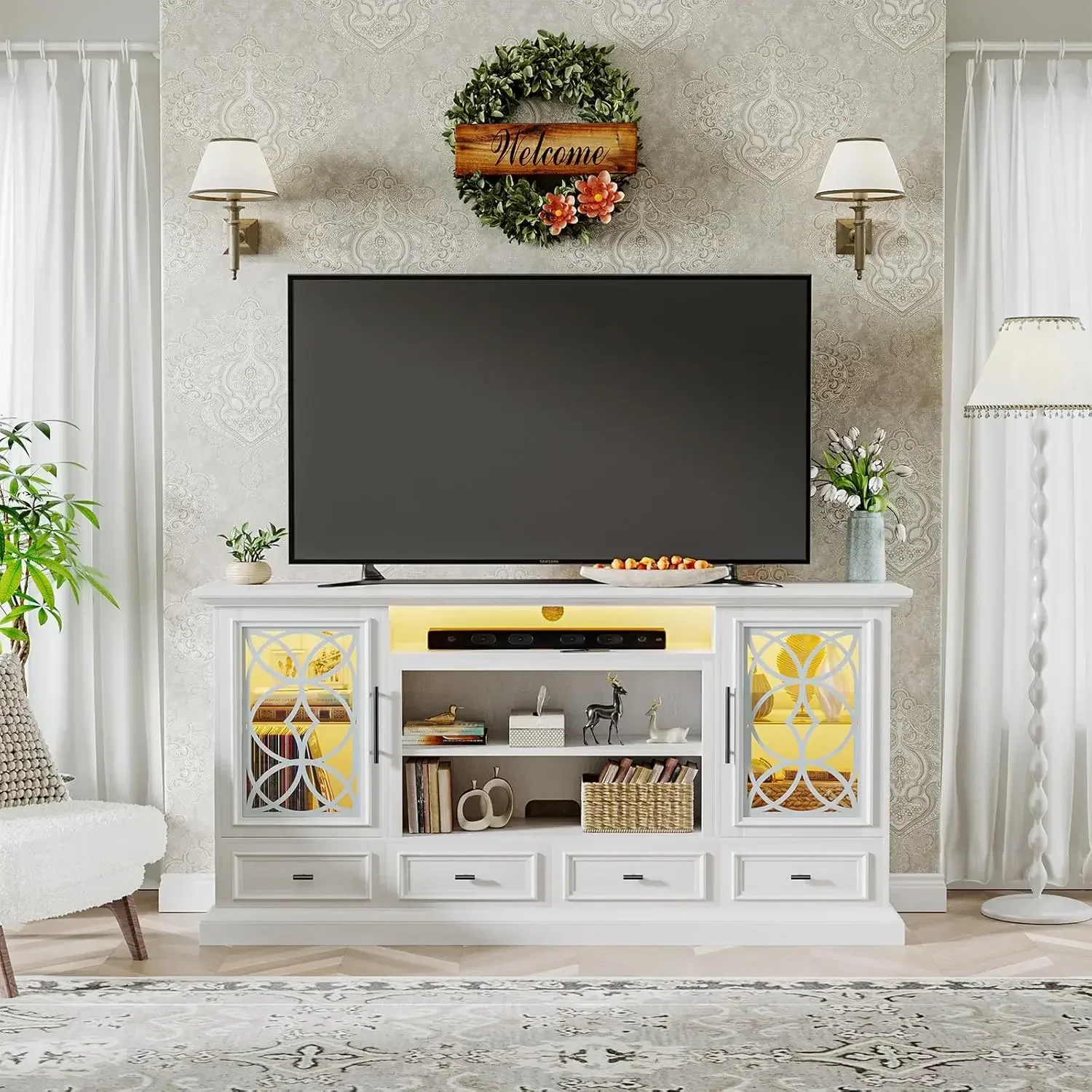 70'' White TV Stand with LED Light Bar, Farmhouse Entertainment Center for TVs up to 80 inch