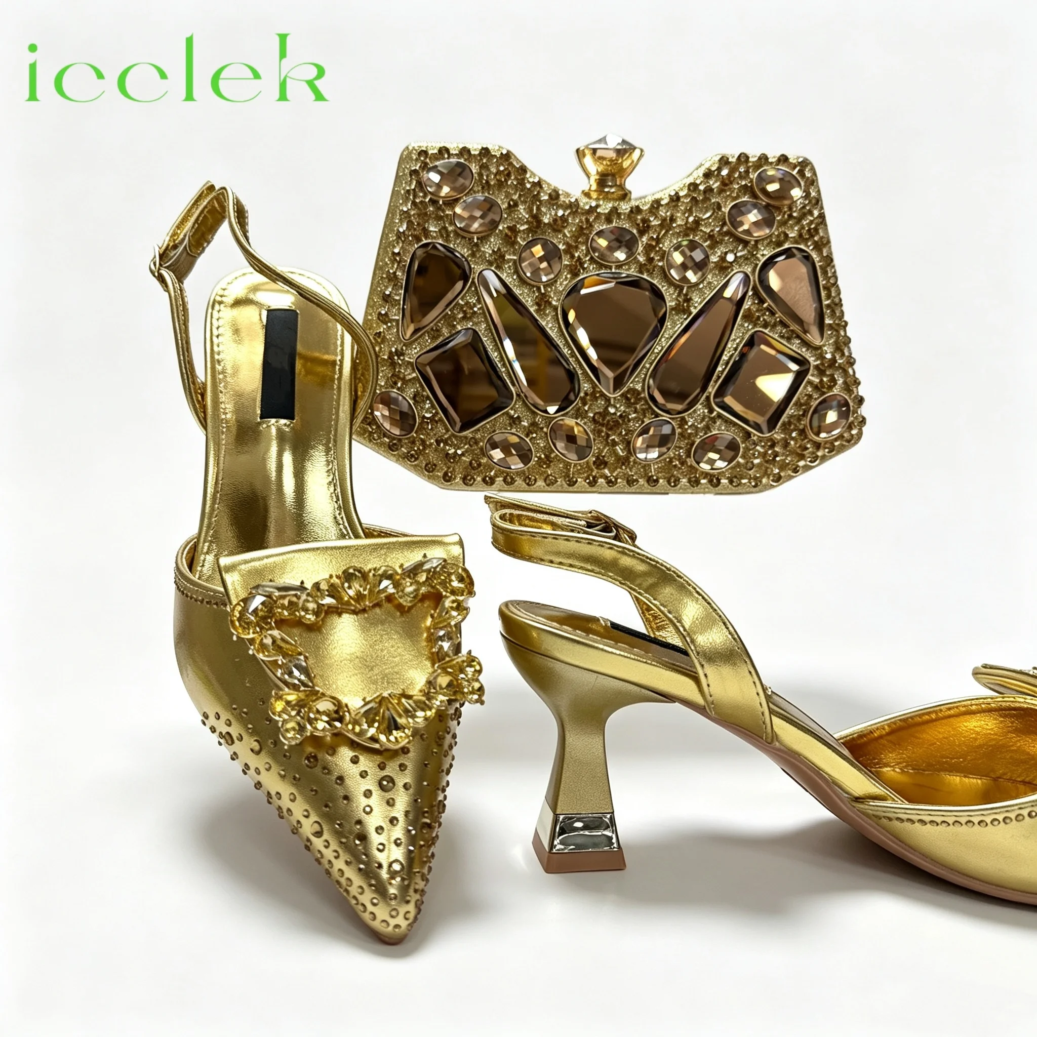 2026 INS Italian Design Gold Color Rhinestone PointedToe Women's High Heels Shoes Matching Bag Set Ideal for Parties & Weddings